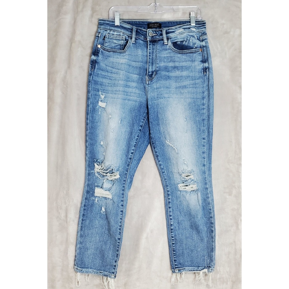 Judy Blue Jeans Womens 11/30 Straight Fit Distressed Frayed Hem High Rise Denim